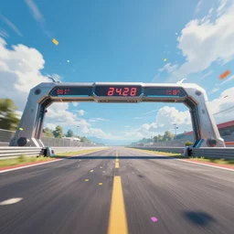cinematic low angle wide angle shot worms eye view of a realistic futuristic vehicle racetrack finish line with confetti on a sunny day with a clear blue cloudy sky angled up, digital art, digital painting, dolly zoom, illustration, cyberpunk, good value control, rule of thirds, golden ratio, horizon line focus, sharp focus, fourze, speed racer movie, 8 k