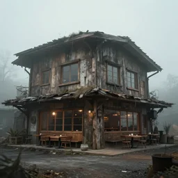 highway restaurant with rustic architecture. cyberpunk style. apocalyptic style. photo. photorealistic. nebulous. fog.