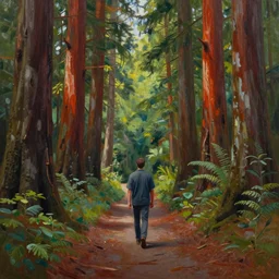a stunning wpa style painting of a man walking down a path in a redwood forest, award winning art