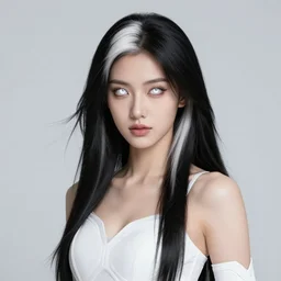 a himalayan woman, young and beautiful, sci - fi fantasy dress, white eyes, long black and white split hair, detailed perfect face, psychic magic, mid view, design on a white background, by studio muti, greg rutkowski makoto shinkai takashi takeuchi artgerm, realistic 3 d render, high ocane render, dramatic light