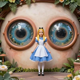 Alice in wonderland with big round infinity mirrors for eyes ultra realistic 8k insane level of detail