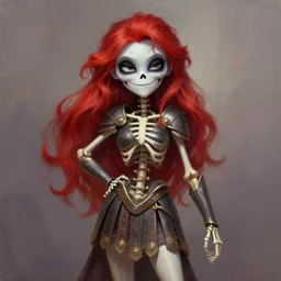 cute & beautiful smug smiling undead skeleton girl with very attractive face and red hair dressed as a roman warrior, elegant, digital art, fullbody painting, fantasy, pixar style, painting, pin up, highly detailed, artstation, art by artgerm, vrubel, greg rutkowski, ilya kuvshinov, raymond swanland