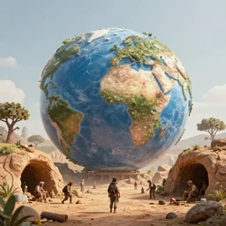 Paleo future, technology has destroyed the planet, humanity has gone back to living in caves, hunted by dinosaurs, detailed environment design, 2D concept art