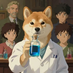 a shiba dressed as a scientist holds a modern transparent little bottle filled with vivid blue iridescent liquid, there is a black square on the bottle, art by studio ghibli and j. c. leyendecker and greg rutkowski and artgerm and ilya kuvshinov and aenaluck, portrait, d & d, fantasy, highly detailed, digital painting, headshot, concept art