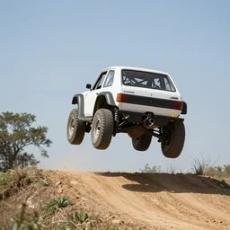 spectacular jump of a classic off road race car over a hill, rear view