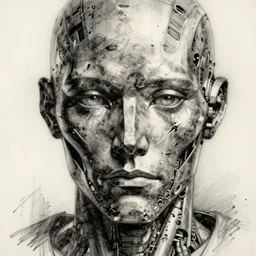 an intricate, detailed ink sketch of the face of a robot, metal skin with some scratches, dramatic lighting, art nouveau, by Joe Fenton