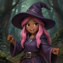 picture of cute female wizard in the forest, ferred - themed robes and hat, pink hair, brown skin, energetic, high fantasy, highly detailed, detailed faces, smooth, sharp focus, chiaroscuro, digital painting, concept art, artgerm and moebius and jon mcnaughton