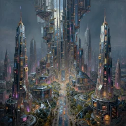ultra realist intricate detailed landscape painting of an alien world with mirrored buildings and neon lights, dystopian, symmetry accurate features, very intricate details, bokeh focus, 8 k render, artstyle andree wallin, award winning