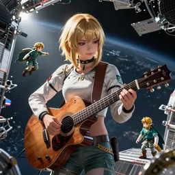 aloy from the horizon zero dawn videogame playing the guitar with link from the legend of zelda videogame in the international space station