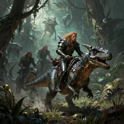 metalheads riding dinosaurs in the space jungle, boris vallejo style, lord of the rings