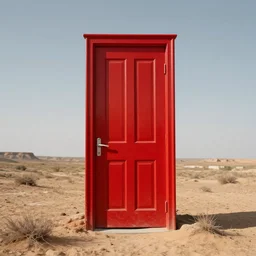 huge detailed red door standing in wasteland in style of zdzisław beksinski