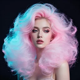 a dramatic lighting photo of a beautiful young woman with cotton candy hair. paint splashes with a little bit of cyan and pink