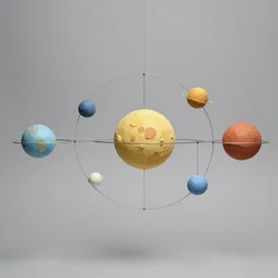 a kinetic sculpture of this solar system hanging from horizontal line, orrery, canon 5 d 5 0 mm lens, papier - mache, studio