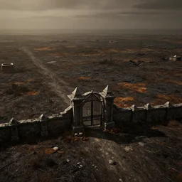 Render of a large scale desolated, burnt field landscape with a dark stony gate as a centerpiece. Stylized. Digital art. Medieval. Highly detailed. Unreal engine 5. 8k Gritty.
