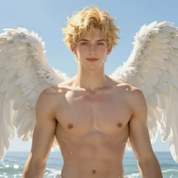 Portrait of a Delicate blond male Angel Lucius bathing in the sun, 4k digital illustration by Artgerm, wlop, James Jean, Andrei Riabovitchev, Marc Simonetti, yoshitaka Amano, Artstation, CGsociety