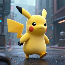 robot pikachu cyborg walking on a street, post apocalyptic feeling, photorealistic, cyberpunk