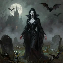 full shot of pale skin vampire goth witch standing, in a foggy graveyard. the moon, bats, haunted house in background, by frank frazetta, ashley wood, eerie magazine cover grey green brown color, palette knife and brush strokes, dramatic lighting