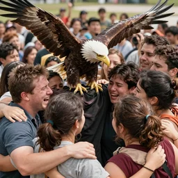 4k eagle shot of dozens of people hugging each other in a warm day, some are crying of joy