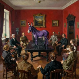 kirchner german expresionist painting of a red dark big antique room with people in a circle, holding hands, gathered around a black wooden table with a purple donkey standing over it. wide angle lens deformed perspective