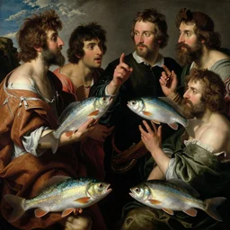 talking fish by peregrino, tintoretto, van dyke, peter paul rubens, jean baptiste greuze, giovanni battista piazzetta, fayum, diego velazquez, anders zorn, herbert james draper, trending on artstation, highly detailed, hyperrealism, hyper detail