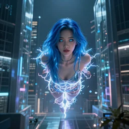 A sexy Asian female with blue hair and glowing eyes floats in midair , hyperrealistic, cyber universe, glass buildings, volumetric lightning, reflections, octane render 8K