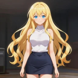 a very beautiful anime cute girl, full body, long wavy blond hair, sky blue eyes, full round face, short smile, tight top, miniskirt, front view, medium shot, mid-shot, highly detailed, cinematic wallpaper by Stanley Artgerm Lau