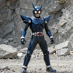 High Fantasy Kamen Rider, 4k, glowing eyes, rock quarry location, daytime, rubber suit, dark blue segmented armor, dragon inspired armor