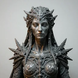 photo taken of an epic intricate, ultra detailed, super realistic gritty, wet, lifelike sculpture of an eldritch druid queen by weta workshop, zoomed in shots, sublime subsurface scattering, photorealistic, sharp focus, white wall coloured workshop, desaturated, cold colour temperture, f 2, face centred, golden ratio, golden hour