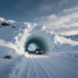 a car drives through an ice tunnel made of snow