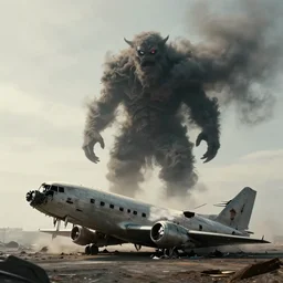 still photo of the smoke monster from the television show called lost hovering above a crashed airplane. realistic, highly detailed, 8 k, cinematic