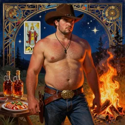 a dramatic, epic, ethereal painting of a handsome thicc shirtless cowboy with a beer belly wearing a large belt and cowboy hat | background is a late night campfire with food and jugs of whisky | homoerotic | fire, flames, stars, tarot card, art deco, art nouveau, mosaic, intricate | by Mark Maggiori | trending on artstation