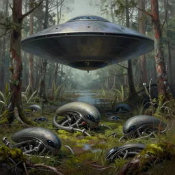 digital painting of ovni crash site on swamp wasteland, extraterrestrial body parts on the floor, forest, moss, elegant artwork by lee bermejo and greg rutkowski and alphonse mucha