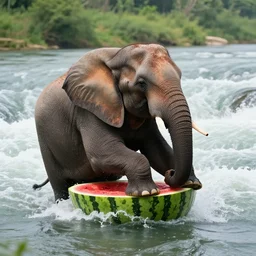 an elephant sits in a crust from under a watermelon and floats on it along a river with white water