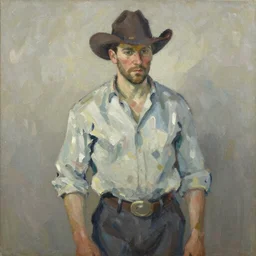 abstracted John Wayne painted in extremely thick, muted impasto splatter paint, in muted colors, in impressionist style of Paul Cézanne