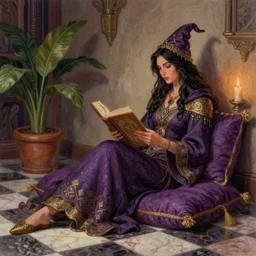 a pastel illustration of a woman wizard, ornate clothing, lounging on a purpur pillow on the marbled checkered floor in her study room reading an ancient tome. to the side is a potted plant, moody candlelit raytracing. ancient oriental scifi fantasy setting. 4 k key art. by mark tedin
