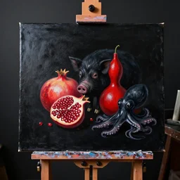 painting of a black painted canvas, on an easel in a dark artist's studio with black walls, pomegranate, a black pig, red gourd, black octopus, oil on canvas
