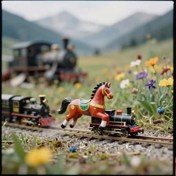 kodak portra 4 0 0, wetplate, muted colours, blueberry, action photography, 1 9 2 0 s, long shot, macro photo of a colourful tin horse toy running a steam engine on a steampunk junkyard near by beautiful flower meadow alps, motion blur, tiny gaussian blur, depth of field