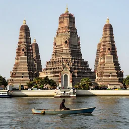 a man on a small boat on a river by djibril diop mambety, ancient high buildings, highly vertical classical temples, fractal, leica sl 2 3 5 mm, high quality, high detail