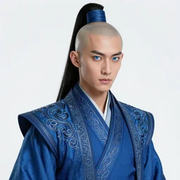 bald male martial artist with a high ponytail!!!! asian facial features and blue eyes!! intricate ornate blue robes!! character concept art, sharp focus, octane render! unreal engine 5! highly rendered!! trending on artstation!! detailed linework!! illustration by artgerm, wlop, and chie yoshii