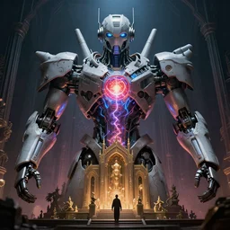 ai machine god, hearth of the machine in cyberpunk style, energy core, cybernetic shrine, robot religion, realistic shaded lighting, magali villeneuve, artgerm, rutkowski