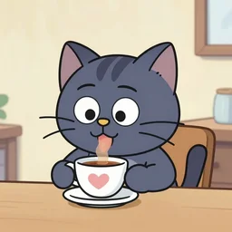 A cat sipping coffee, cartoon in the style of Nickelodeon