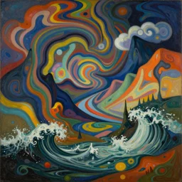 An insane, modernist landscape painting. Wild energy patterns rippling in all directions. Curves, organic, zig-zags. Mountains, clouds. Rushing water. Waves. Psychedelic dream world. Odilon Redon. Ernst Kirchner.
