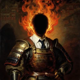 baroque style painting of a man in samurai armour wearing a formal shirt and tie with their head a black void of dark energy and fire. in the style of bastien - lepage and benjamin - constant and bosschart.