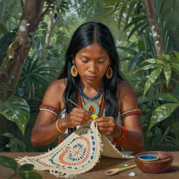 a beautiful painting of an indigenous female doing crafting of a fabric in the jungle, realistic face, ayahuasca, fantasy art style