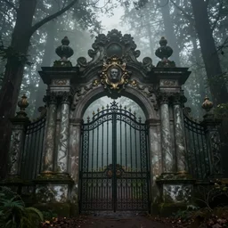 baroque ornate gate in the forest : : rising from the fog, mysterious, stopped in time, atmospheric, ominous, eerie, cinematic, epic, 8 k, 4 k, ultra detail, ultra realistic, rendered by awesomeness
