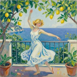 medium shot painting of a young beautiful girl, blond short hair, dancing contemporary dance in a balcony in Costiera Amalfitana, surrounded by lemon trees, sea in background, she's happy, painted by Georges Seurat