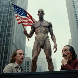 creature with american flag, next to skyscrapers, film still from the movie directed by denis villeneuve and david cronenberg with art direction by and h. r. giger, salvador dali and zdzisław beksinski