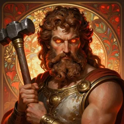 the greek god hephaestus, bushy beard, brown hair, holding hammer, facing forward, steampunk, beautiful glowing eyes, volumetric lights, red and orange theme, art nouveau botanicals, intricate, highly detailed, digital painting, artstation, concept art, smooth, sharp focus, cinematic, illustration, beautiful face, art by artgerm and greg rutkowski and alphonse mucha