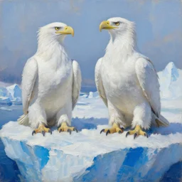 highly detailed painting of white giant eagle cat seals on a blue and white iceberg by william turner, by greg rutkowski, by william constable, thick brush strokes and visible paint layers, 4 k resolution