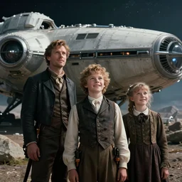 sharp, highly detailed, film from a blockbuster sci fi 8 k color movie, set in 1 8 6 0, family standing in front of a crashed spaceship, on a alien planet, looking happy, wearing 1 8 5 0 s era clothes, atmospheric lighting, in focus, 3 5 mm macro lens, live action, nice composition, good photography, clear facial details